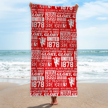 Manchester Red - Word Montage - Beach Towel - Microfibre Retro Beach Towel - 150cm x 75cm
