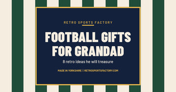 Green and cream striped cover reading Football Gifts for Grandad, 8 retro ideas he will treasure