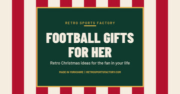 Retro Sports Factory cover reading Football Gifts for Her on red and cream Christmas stripes