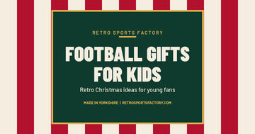 Red and cream striped cover reading Football Gifts for Kids, retro Christmas ideas for young fans