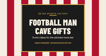 Red and cream striped cover reading Football Man Cave Gifts, 9 retro ideas for the ultimate home bar