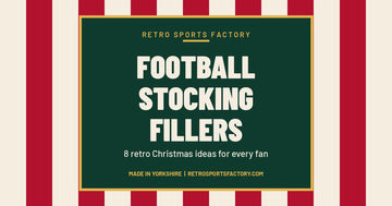 Red and cream striped cover with a green panel reading Football Stocking Fillers, 8 retro Christmas ideas for every fan