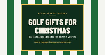 Green and white striped cover with the words Golf Gifts for Christmas from Retro Sports Factory