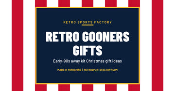 Red and white striped cover reading Retro Gooners Gifts, early-90s away kit Christmas gift ideas