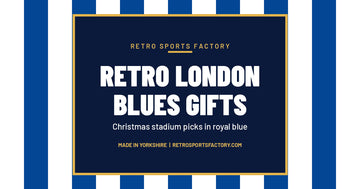 Royal blue and white striped cover with a navy panel reading Retro London Blues Gifts