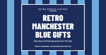 Sky blue and navy striped cover reading Retro Manchester Blue Gifts, sky blue Christmas picks