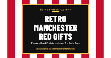 Red and white striped cover reading Retro Manchester Red Gifts, personalised Christmas ideas for Reds fans