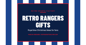 Royal blue and white striped cover with a navy panel reading Retro Rangers Gifts, royal blue Christmas ideas for fans
