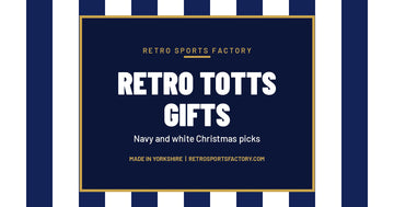 Navy and white striped cover reading Retro Totts Gifts, navy and white Christmas picks