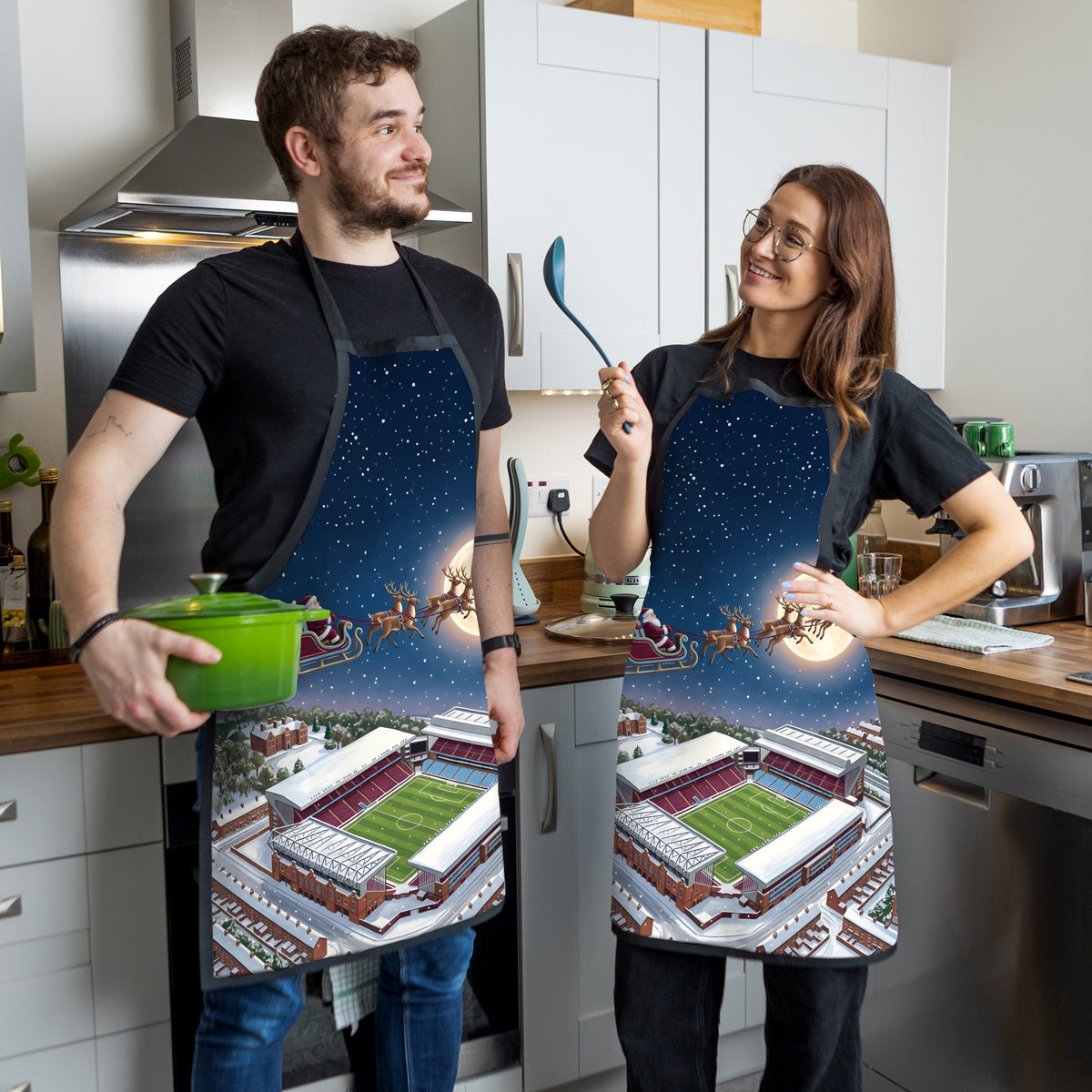 Aston Villa Christmas Stadium Apron - couple in kitchen