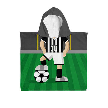 Football Player - Black & White Stripe Shirt - Personalised Kids Hooded Microfibre Towel - Add Name and Number!
