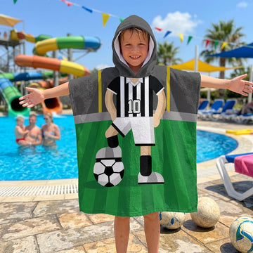 Football Player - Black & White Stripe Shirt - Personalised Kids Hooded Microfibre Towel - Add Name and Number!