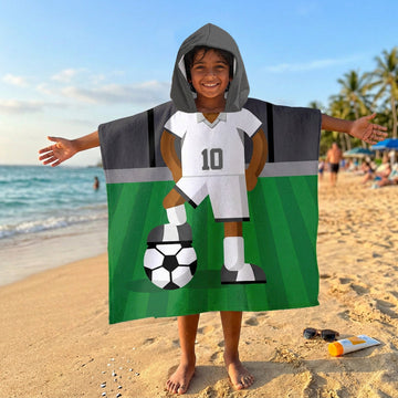 Football Player - White Shirt - Personalised Kids Hooded Microfibre Towel - Add Name and Number!