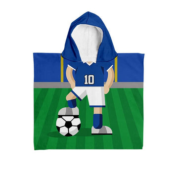 Football Player - Blue Shirt - Personalised Kids Hooded Microfibre Towel - Add Name and Number!
