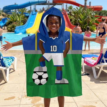 Football Player - Blue Shirt - Personalised Kids Hooded Microfibre Towel - Add Name and Number!