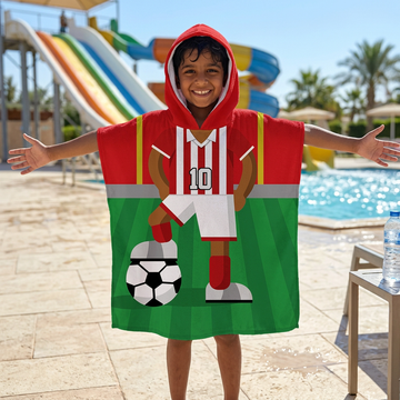 Football Player - Red & White Stripe Shirt - Personalised Kids Hooded Microfibre Towel - Add Name and Number!