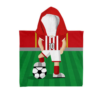 Football Player - Red & White Stripe Shirt - Personalised Kids Hooded Microfibre Towel - Add Name and Number!