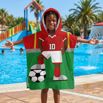 Football Player - Red Shirt - Personalised Kids Hooded Microfibre Towel - Add Name and Number!