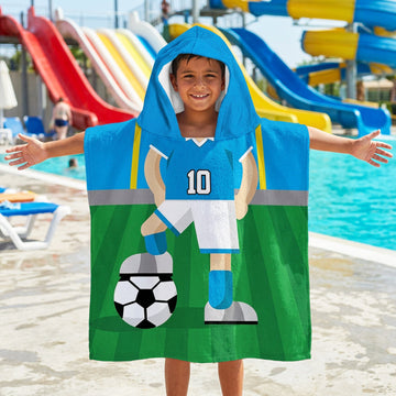 Football Player - Sky Blue Shirt - Personalised Kids Hooded Microfibre Towel - Add Name and Number!