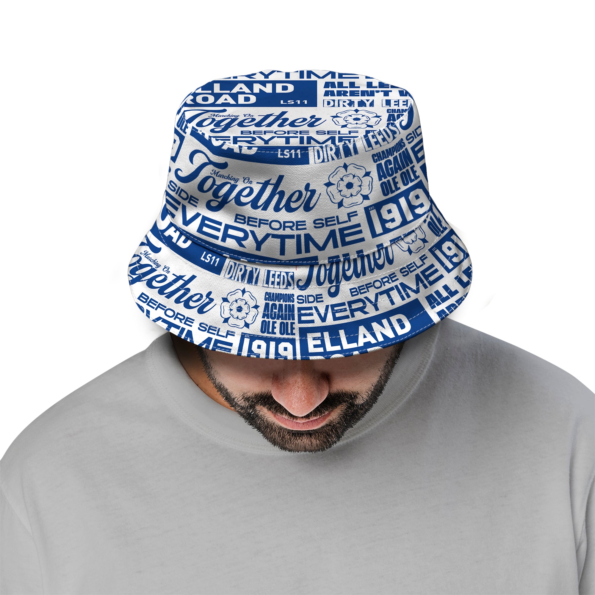 Leeds - Word Montage - White & Blue - Bucket Hat