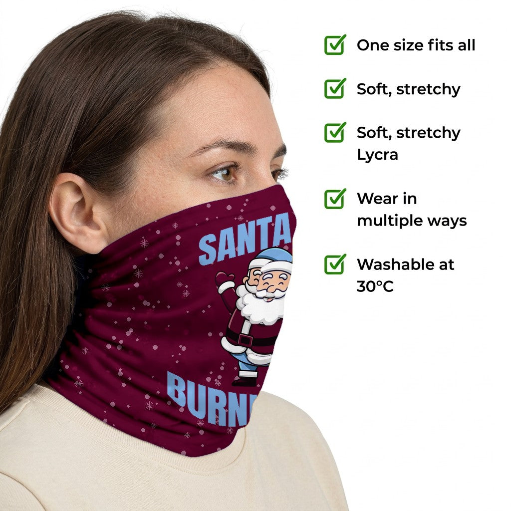 Burnley Santa snood side-profile image with product features