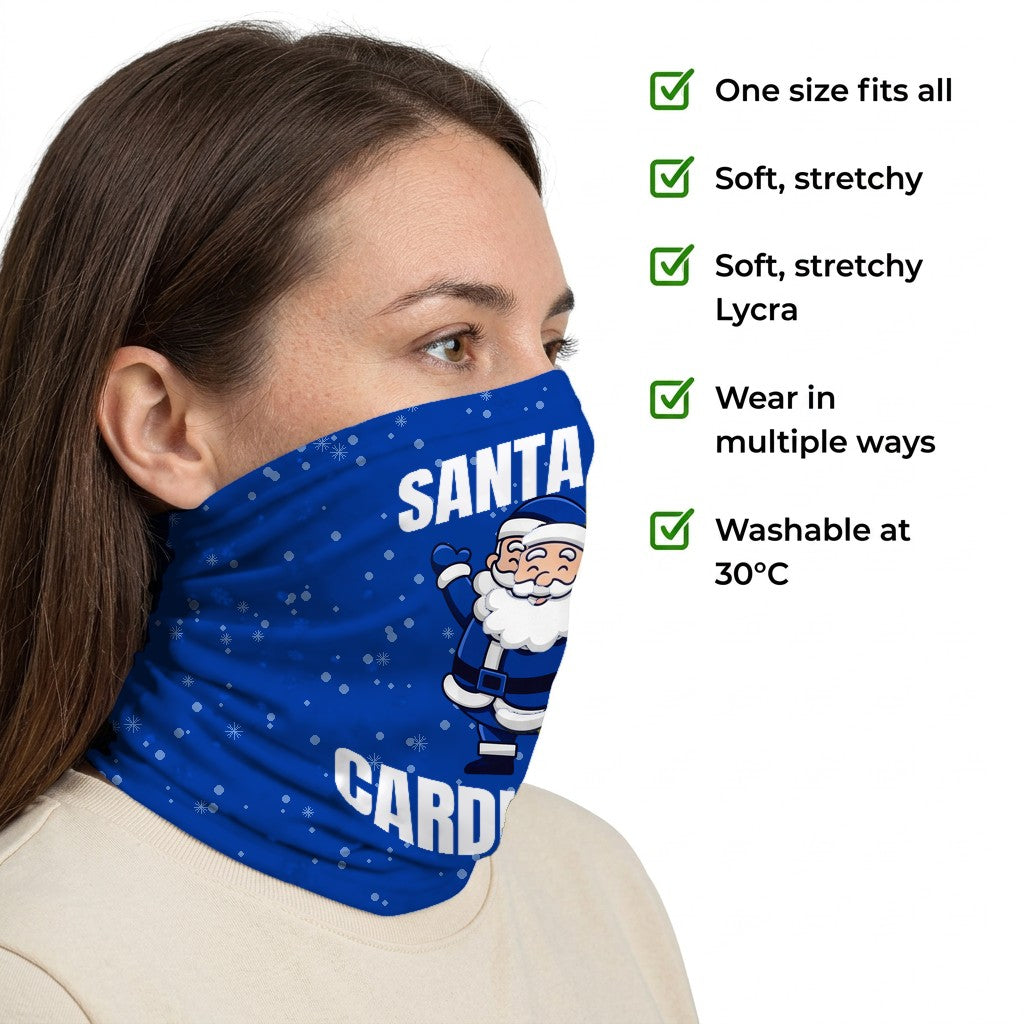 Cardiff City Santa snood side-profile image with product features