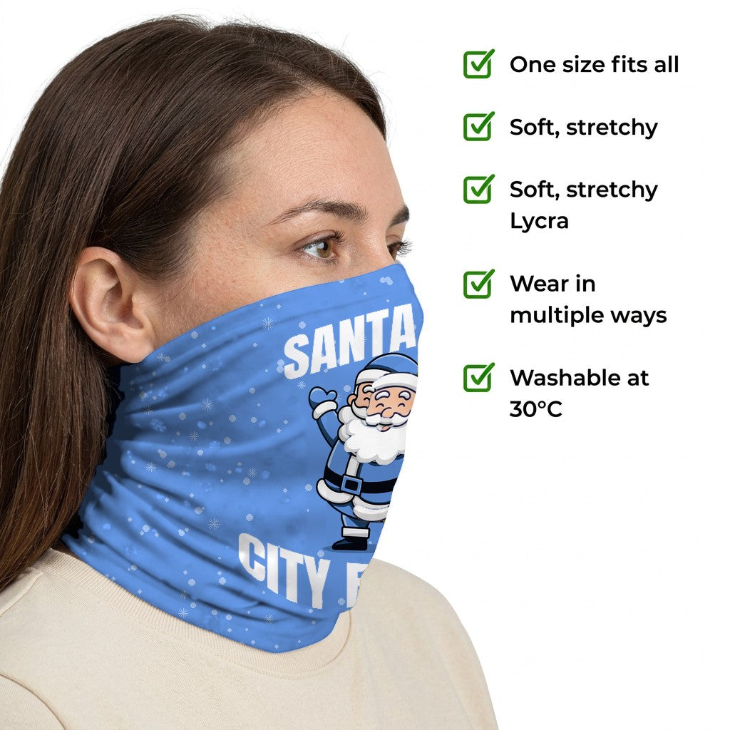Manchester City Santa snood side-profile image with product features