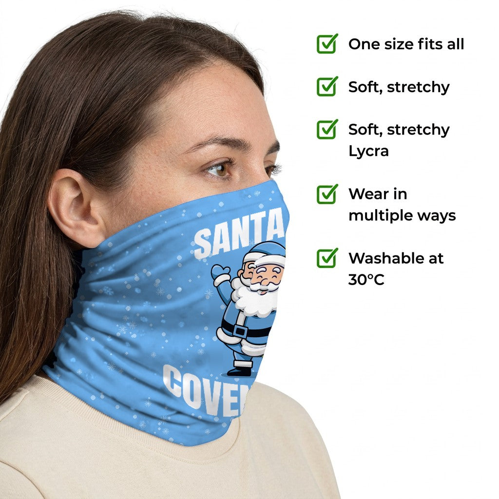 Coventry City Santa snood side-profile image with product features