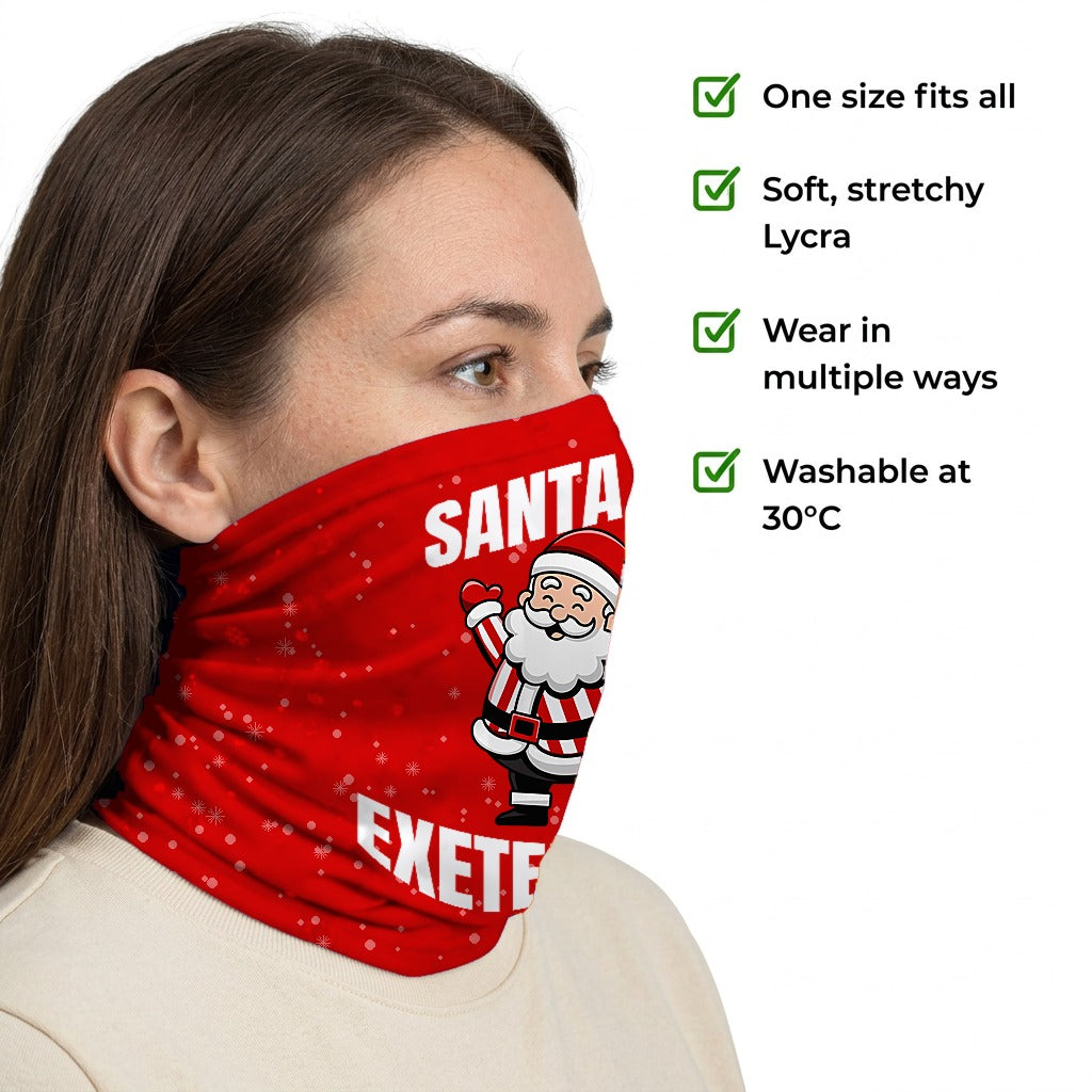 Exeter City Santa snood side-profile image with product features