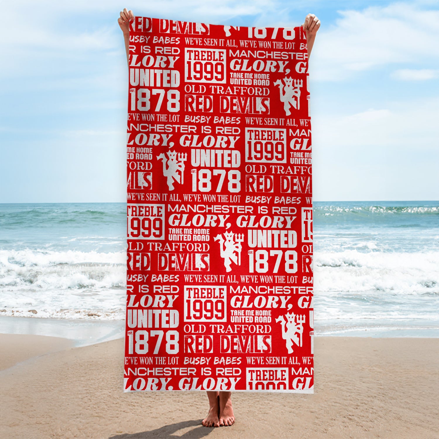 Manchester Red - Word Montage - Beach Towel - Microfibre Retro Beach Towel - 150cm x 75cm
