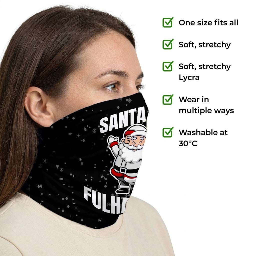Fulham Santa snood side-profile image with product features