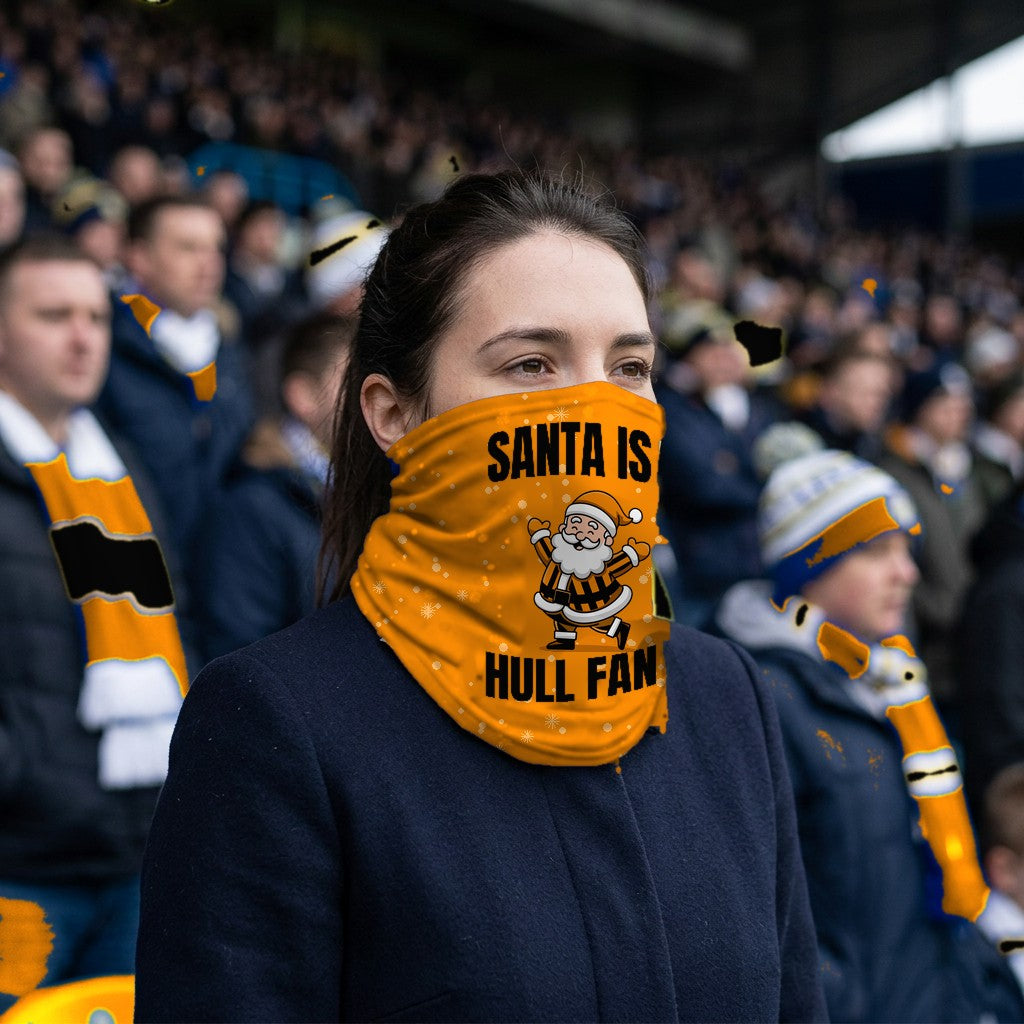Hull City Santa snood lifestyle photo in a football stadium