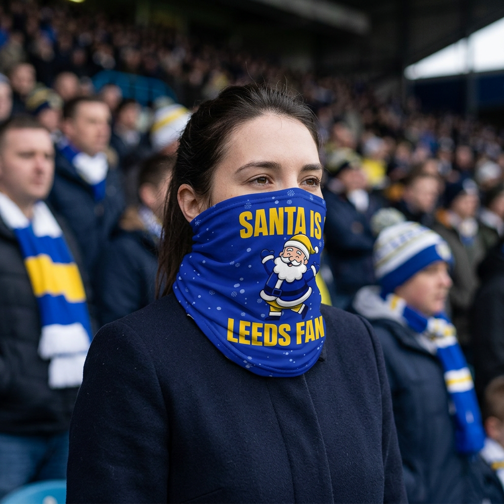 Leeds Santa snood lifestyle photo in a football stadium