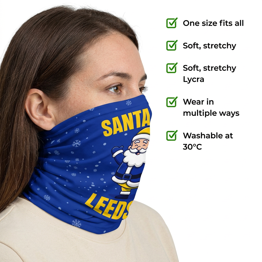 Leeds Santa snood side-profile image with product features