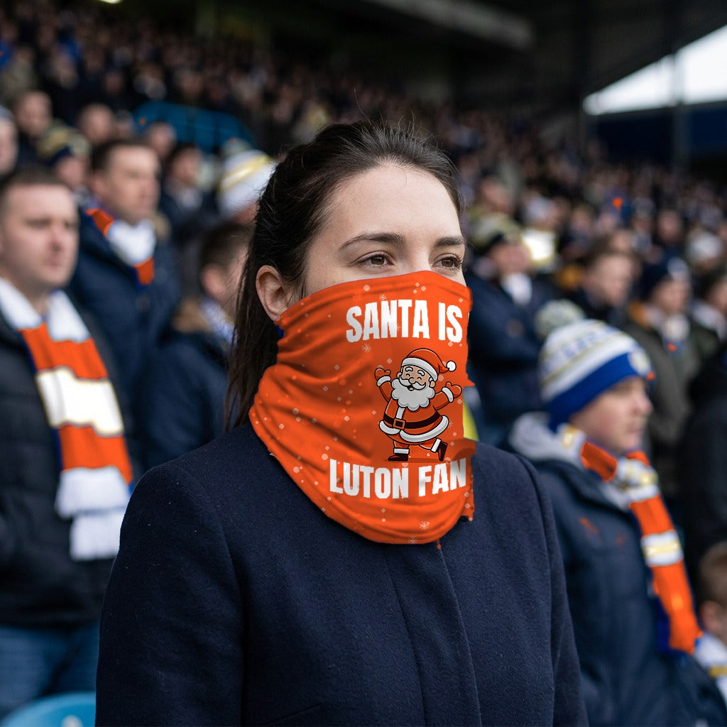 Luton Town Santa snood lifestyle photo in a football stadium