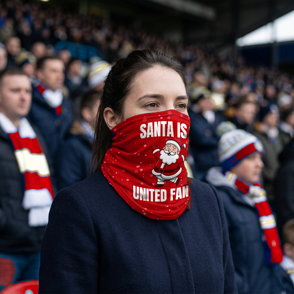 Man United Santa snood lifestyle photo in a football stadium