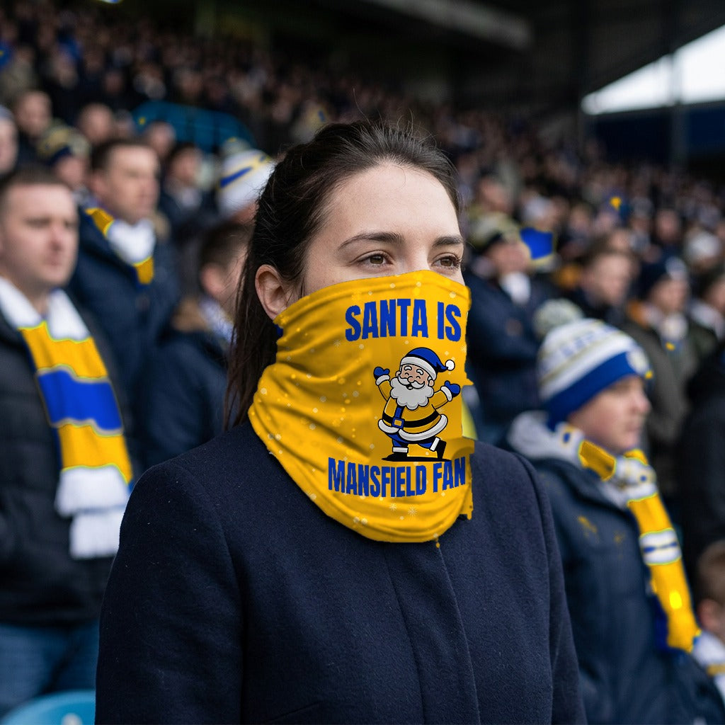 Mansfield Town Santa snood lifestyle photo in a football stadium