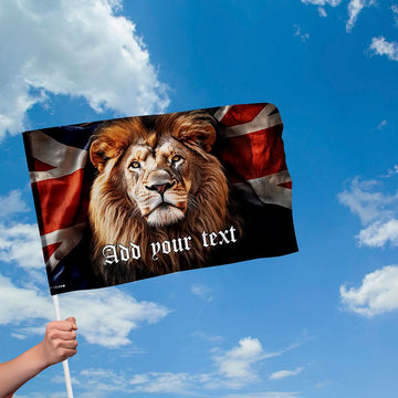 British Lion with Union Jack Flag with sleeve - Add Text - 4 Sizes!