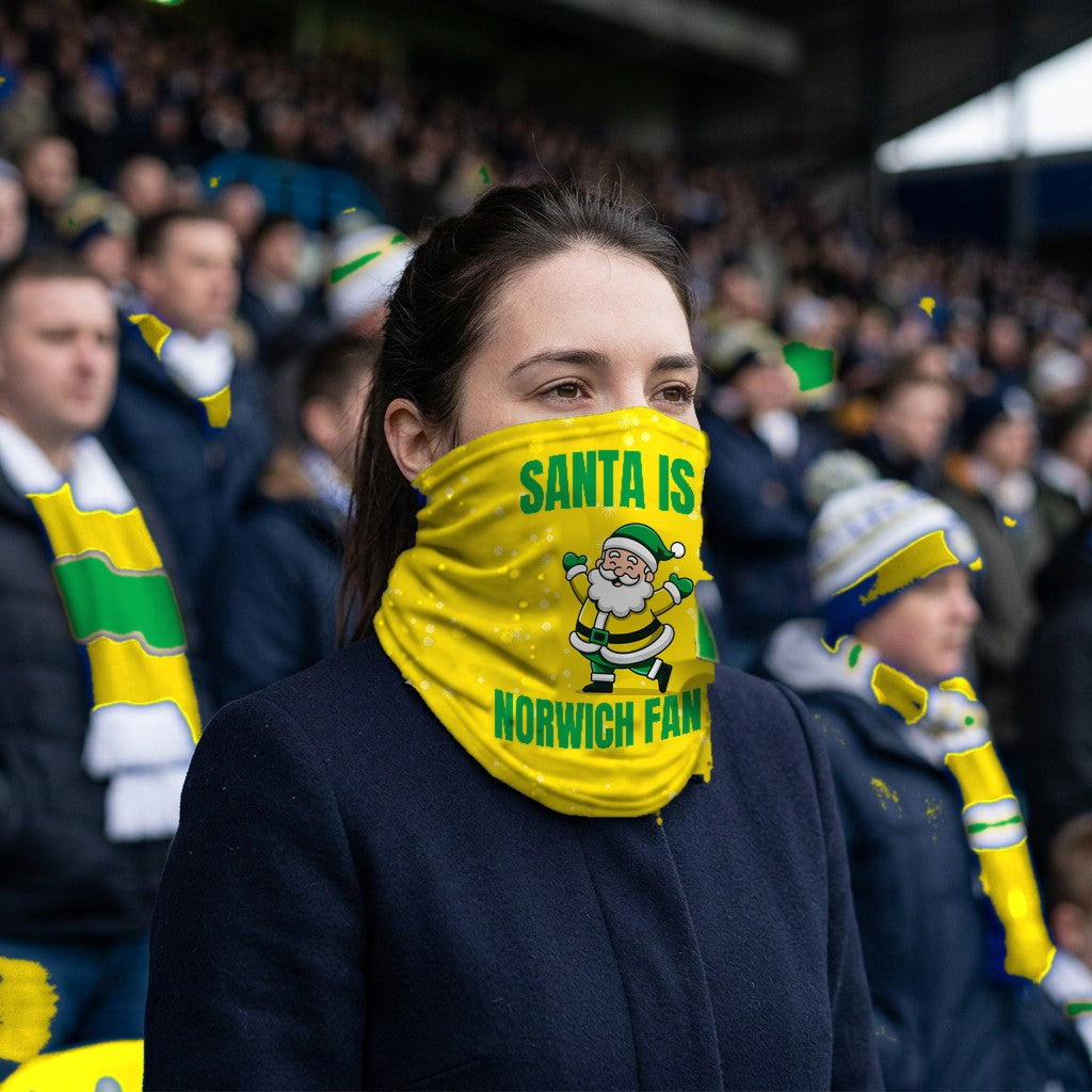 Norwich City Santa snood lifestyle photo in a football stadium