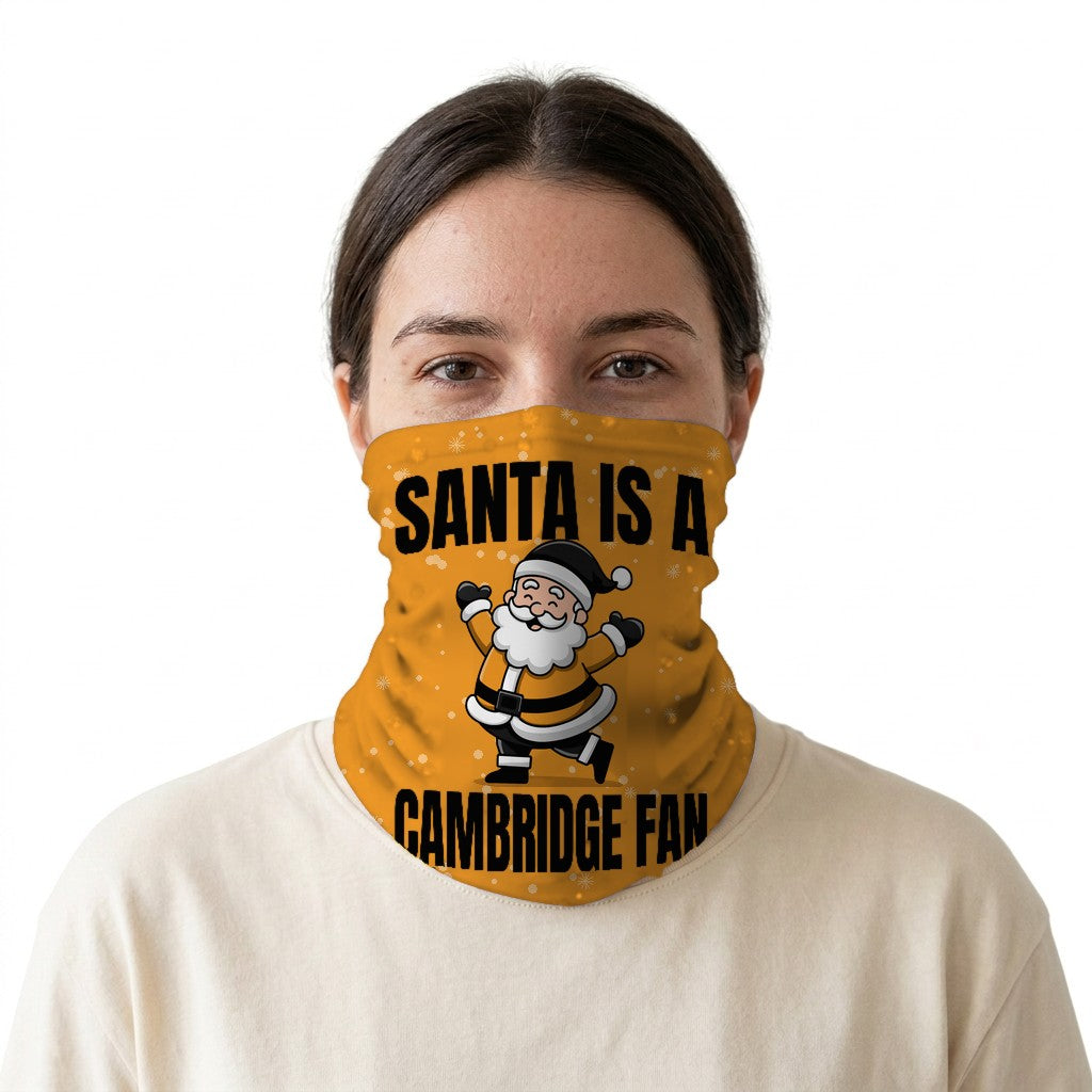 Santa is a Cambridge Fan snood on a white background