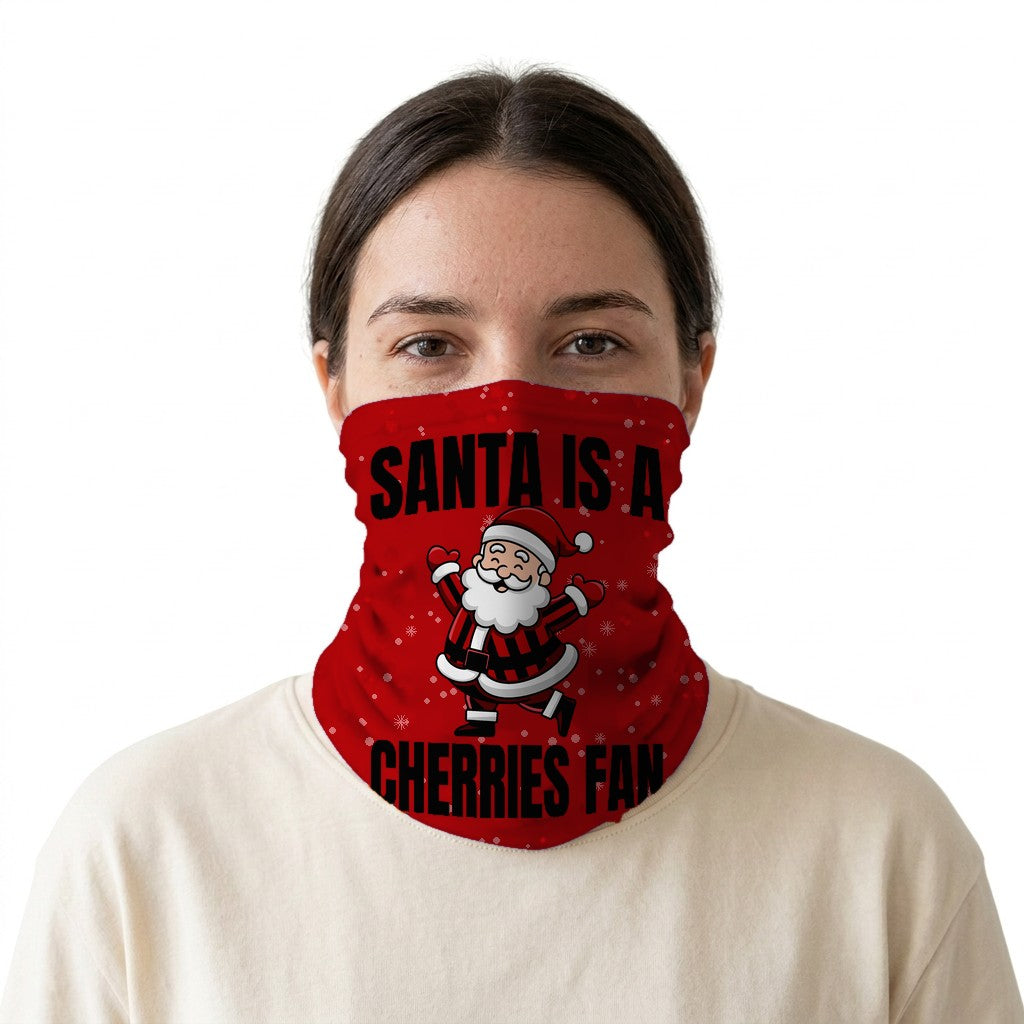 Santa is a Cherries Fan snood on a white background