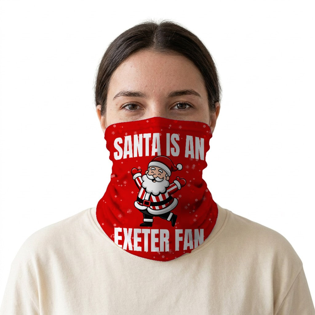 Santa is an Exeter Fan snood on a white background