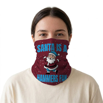 Santa is a Hammers Fan snood on a white background