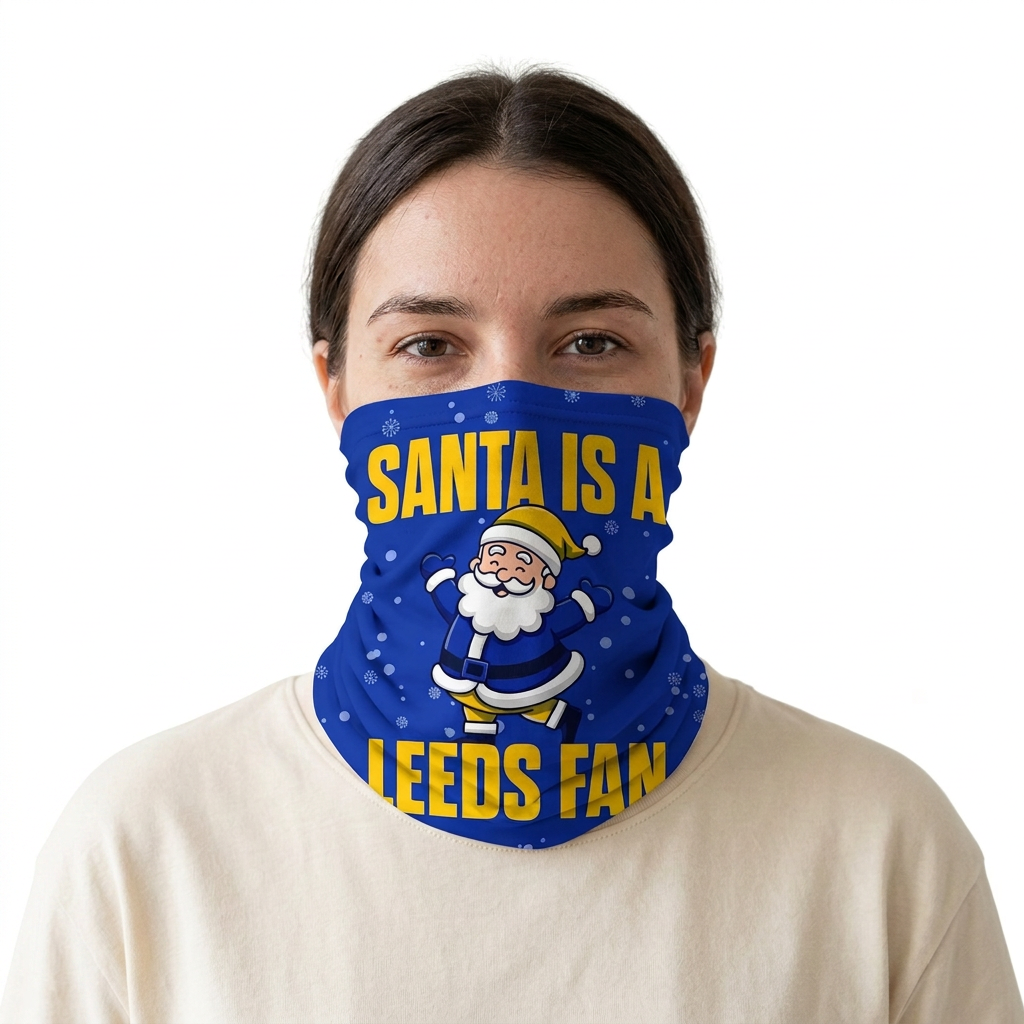 Santa is a Leeds Fan snood on a white background