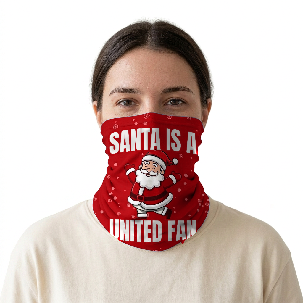 Santa is a United Fan snood on a white background