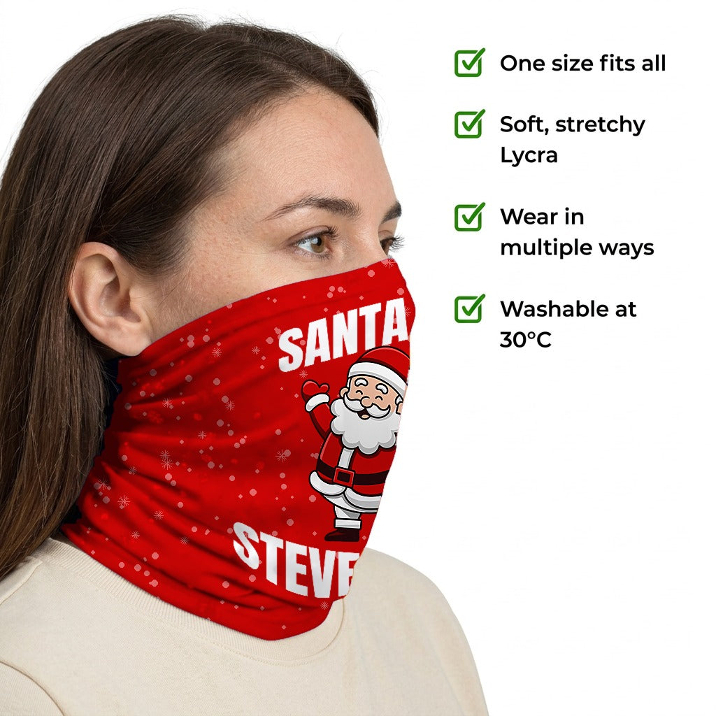 Stevenage Santa snood side-profile image with product features