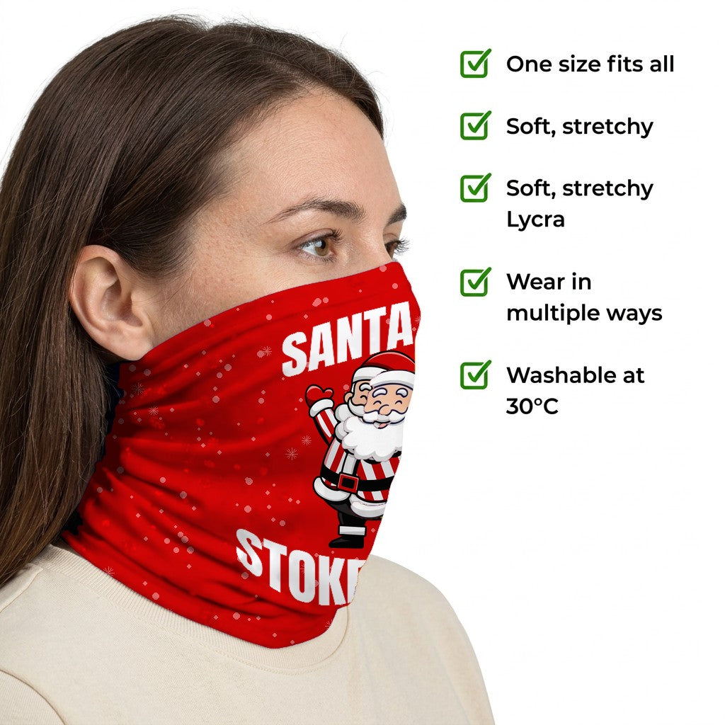 Stoke City Santa snood side-profile image with product features