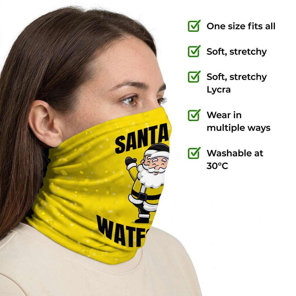 Watford Santa snood side-profile image with product features