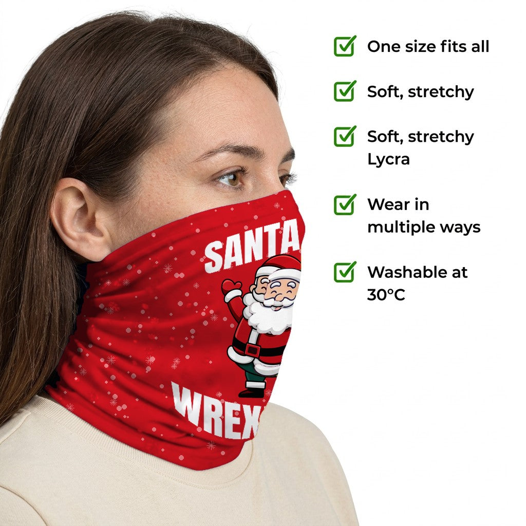 Wrexham Santa snood side-profile image with product features